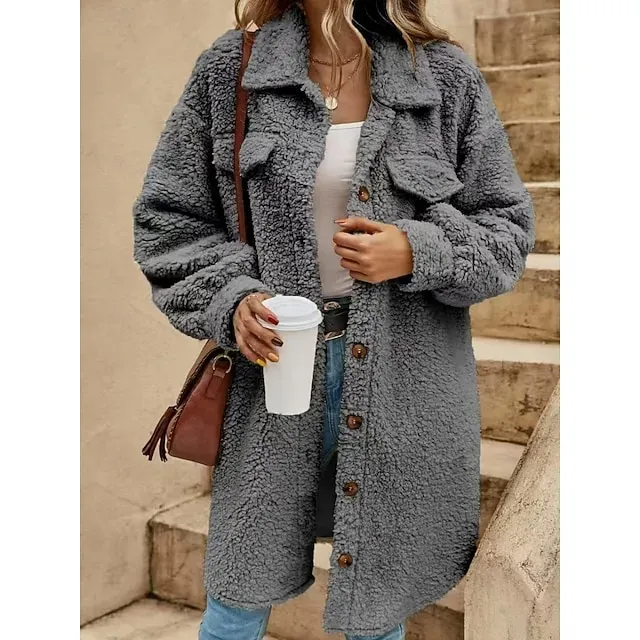 Women's Sherpa Jacket Comfortable Breathable Pocket Buttons Casual Plain Vacation Street Casual Daily Wear Single Breasted Long Turndown Loose Fit Long Sleeve Outerwear Black White Red Spring Fall