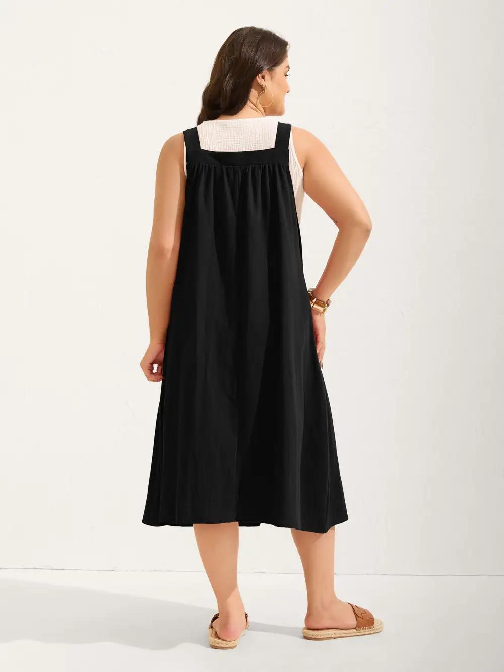 Pure Cotton Pleated Pockets Midi Dress