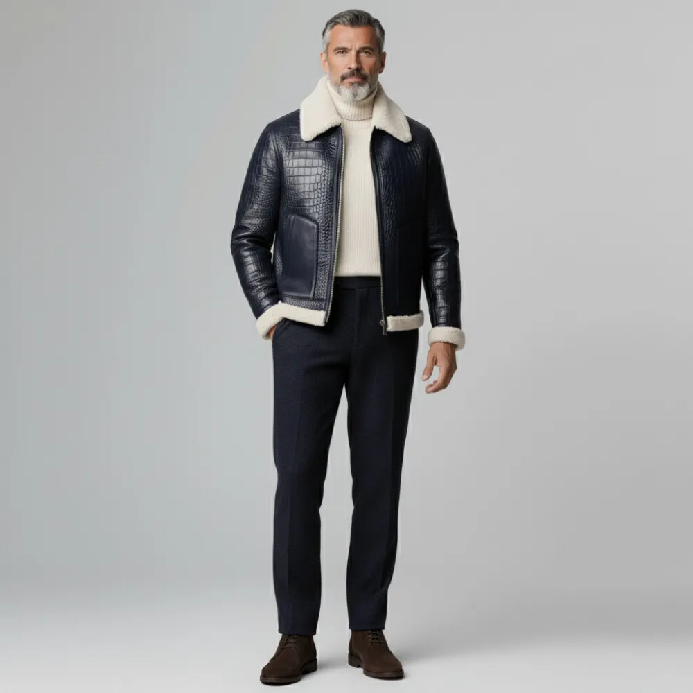 Men's Navy Blue Crocodile PU Leather Plush Patchwork Shirt Collar Long Sleeve Zipper Jacket