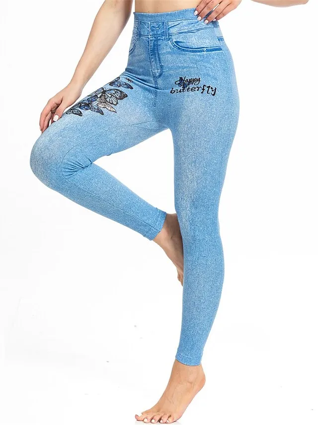 Women's Slim Pants Trousers Leggings Faux Denim Butterfly Pocket Print Full Length High Elasticity High Waist Fashion Streetwear Street Causal Lake Blue Royal Blue S M Summer Fall