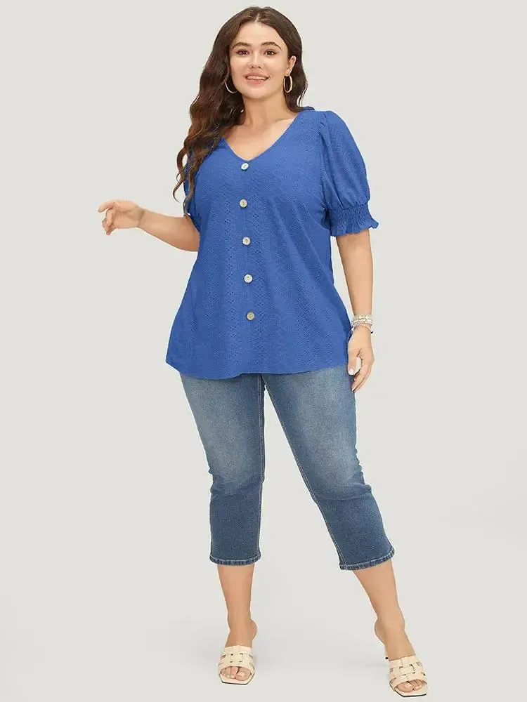 Plain Broderie Anglaise Shirred Puff Sleeve Button Detail T-shirt