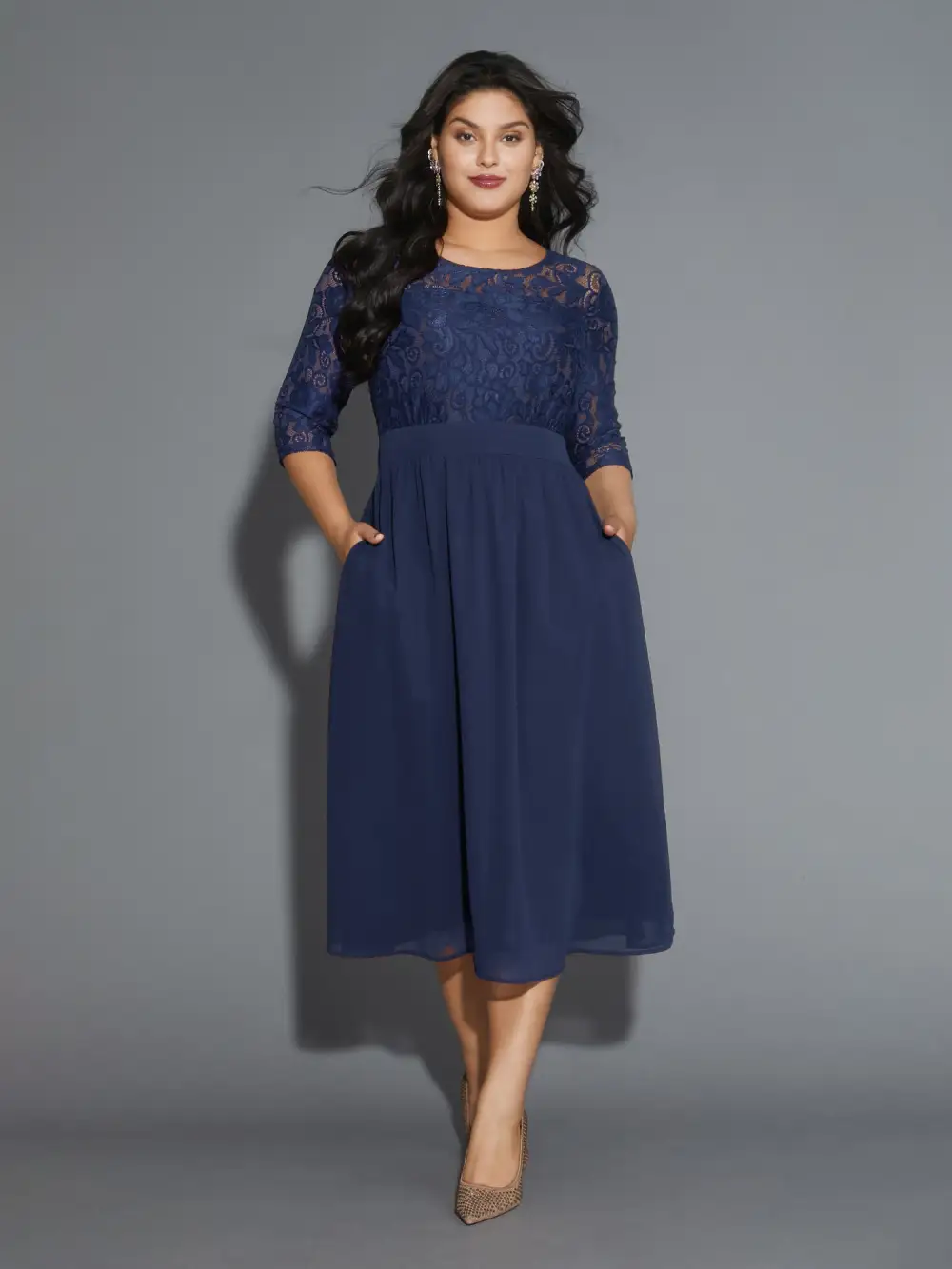Lace Patchwork Shirred Midi Pocket Dress