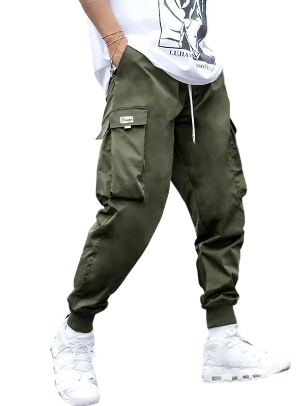 Men's Plus Size Cargo Pants – Solid Color, Drawstring, Flap Pockets