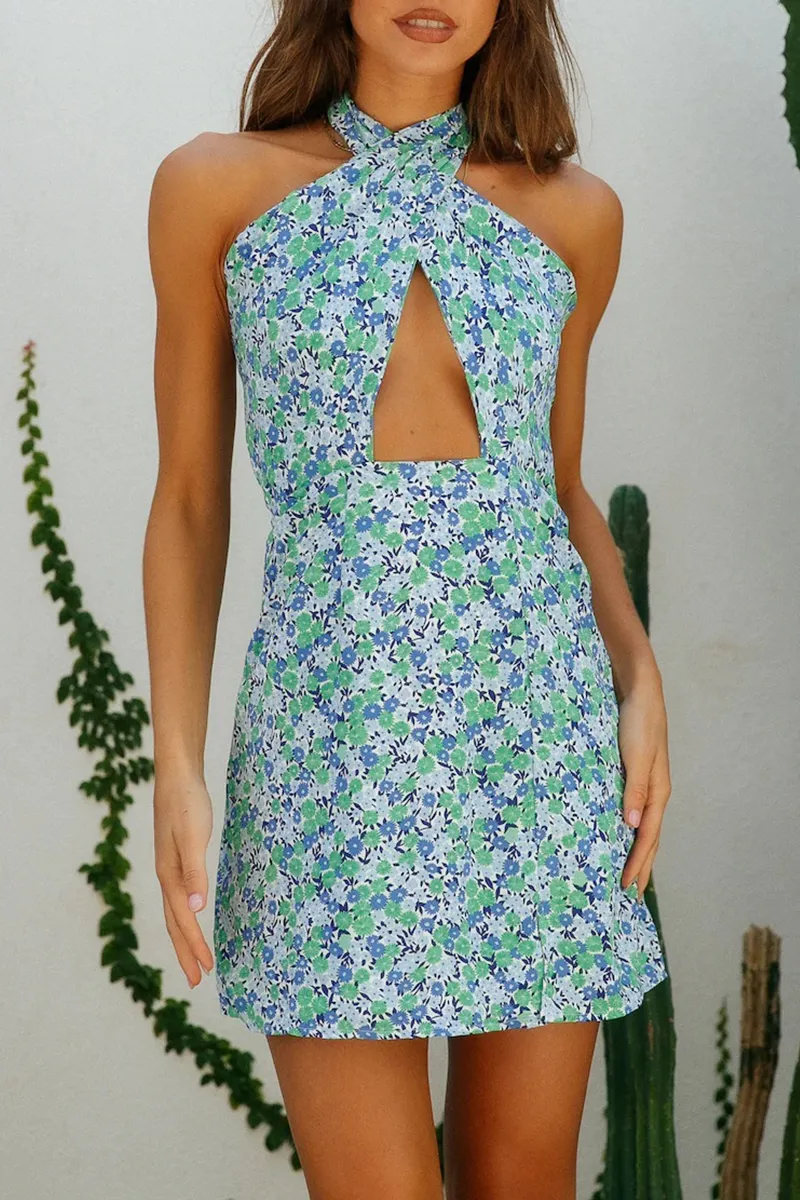 Fashion Print Hollowed Out Halter Pencil Skirt Dresses