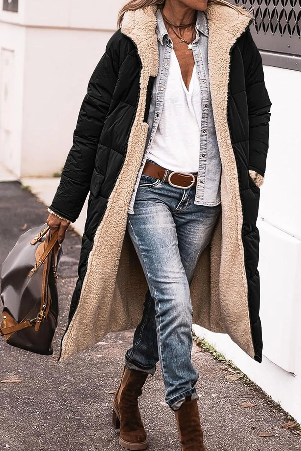 Women's Warm Winter Coats Reversible Sherpa Fleece Long Hooded Puffer Jackets Outerwear
