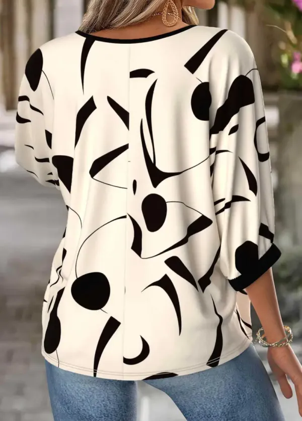 Beige Geometric Print 3/4 Sleeve Round Neck Blouse