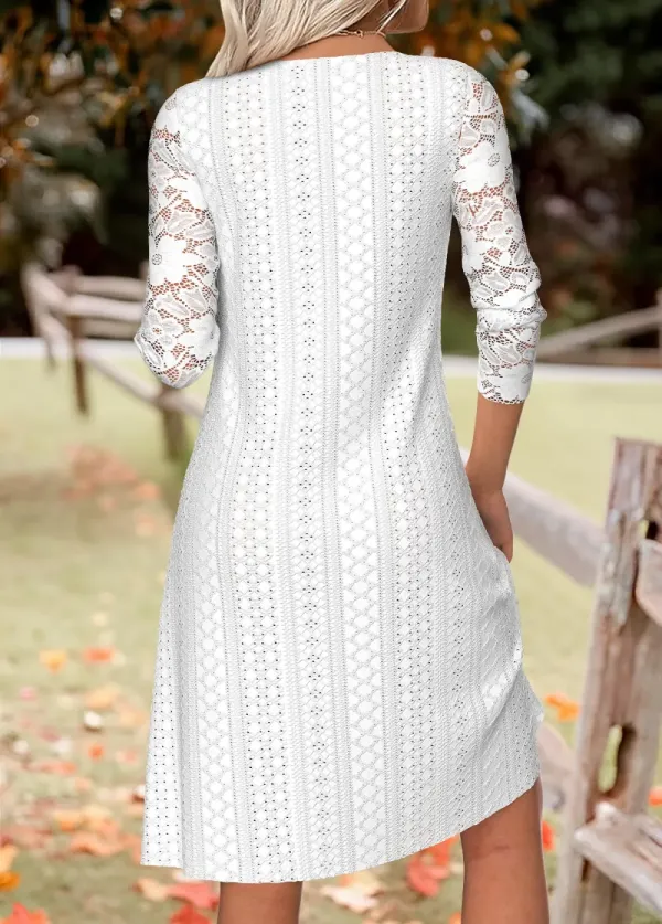 White Tummy Coverage Short Long Sleeve Round Neck Dress