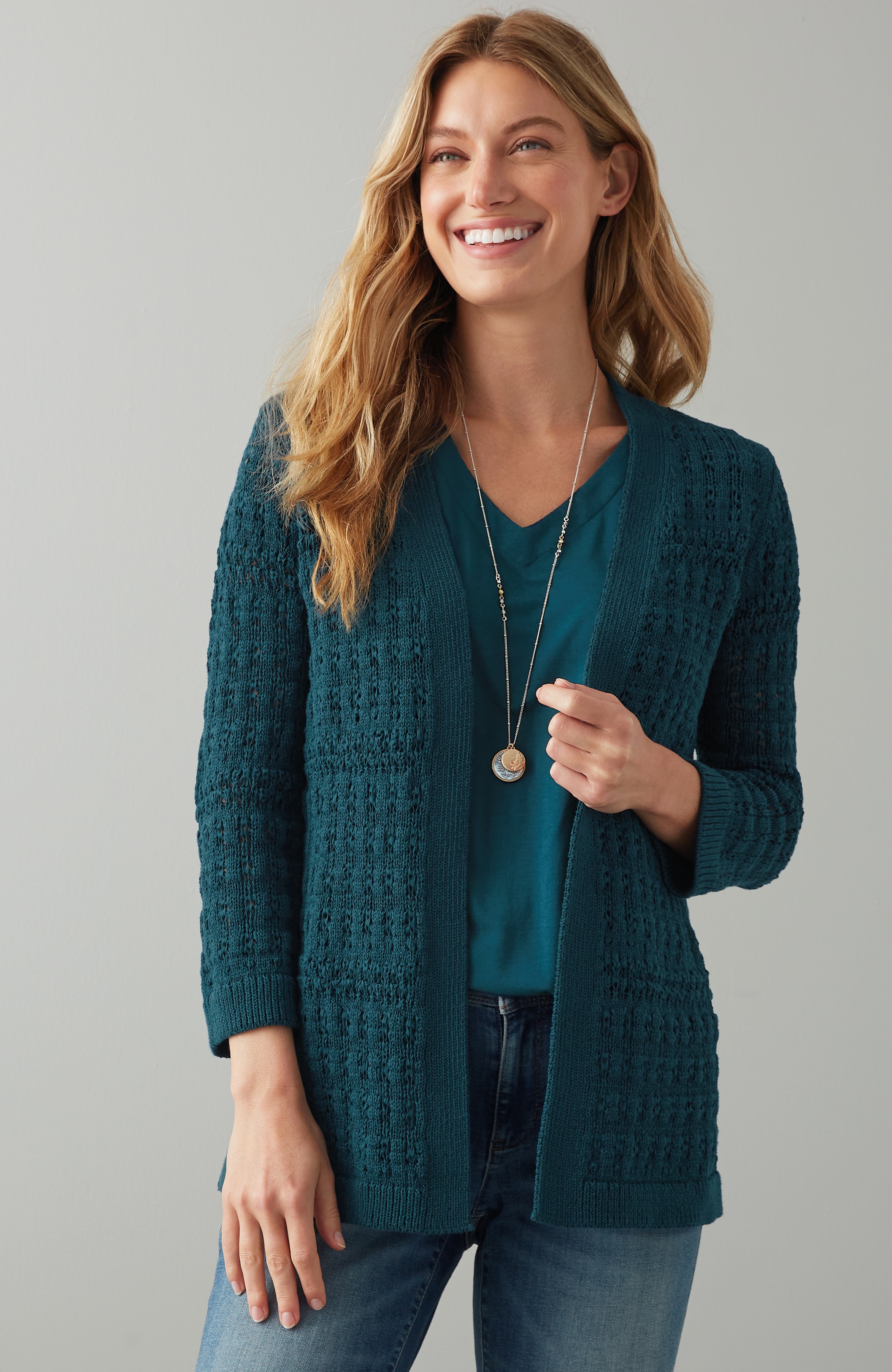 Textured-Stitch Open-Front Cardi