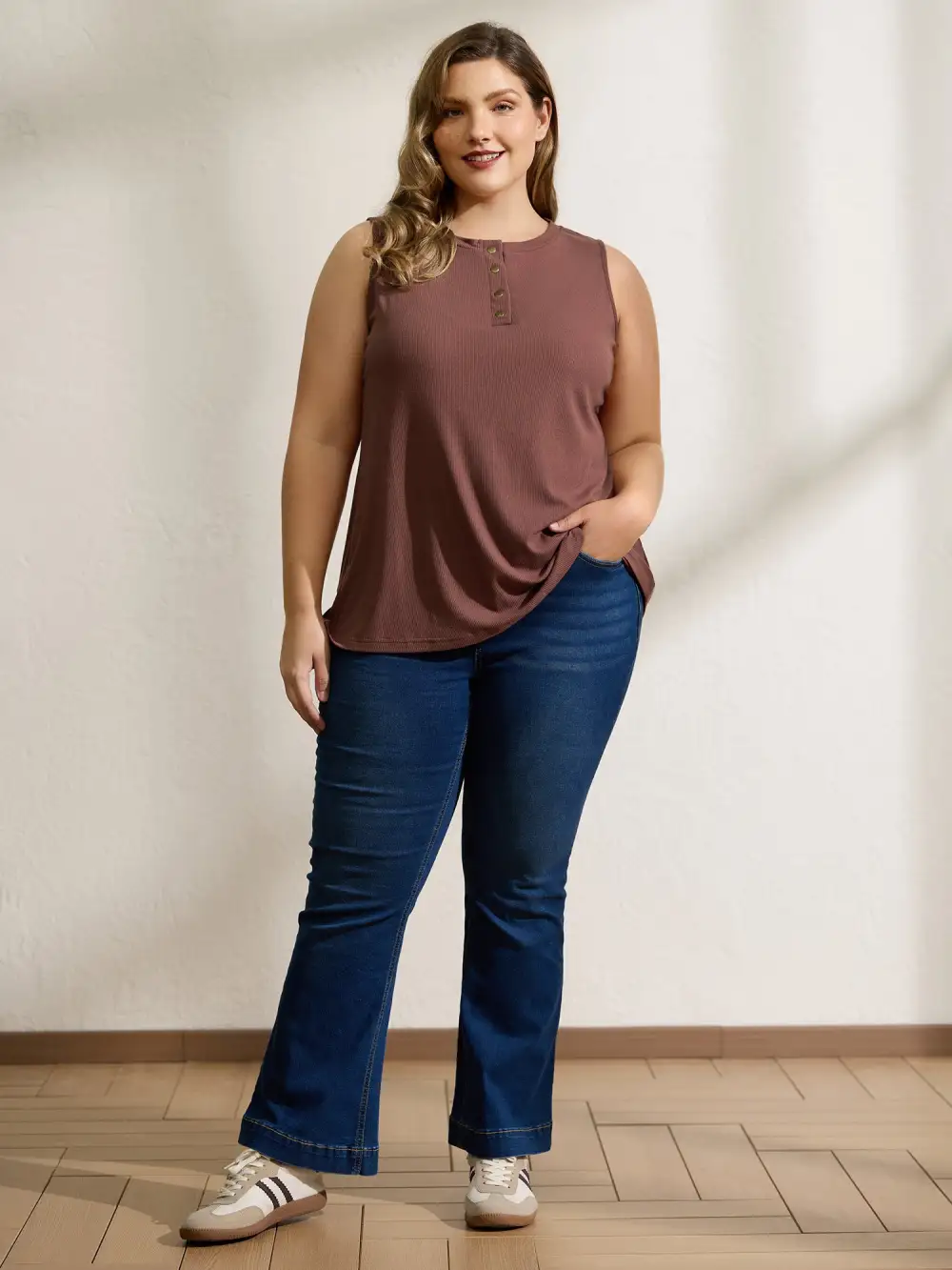 Half Button Placket Drape Tank Top