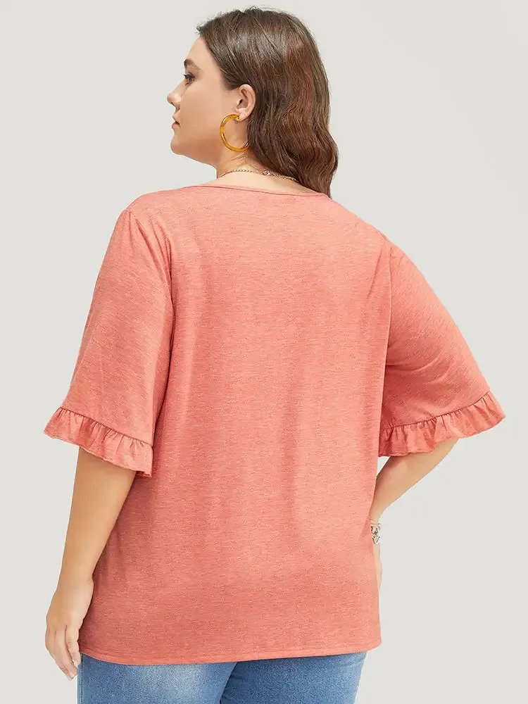 Solid Gathered Ruffle Trim Flounce Sleeve T-shirt