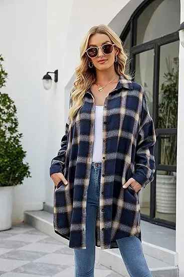 Women's Button Down Flannel Shirts Plaid Shacket Long Sleeve Collared Long Jacket Coats