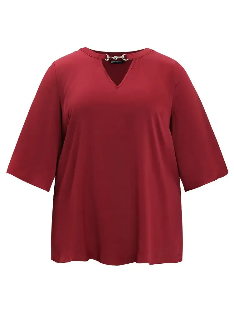 Anti-Wrinkle Plain Buckle Detail Neck Cut Out Blouse