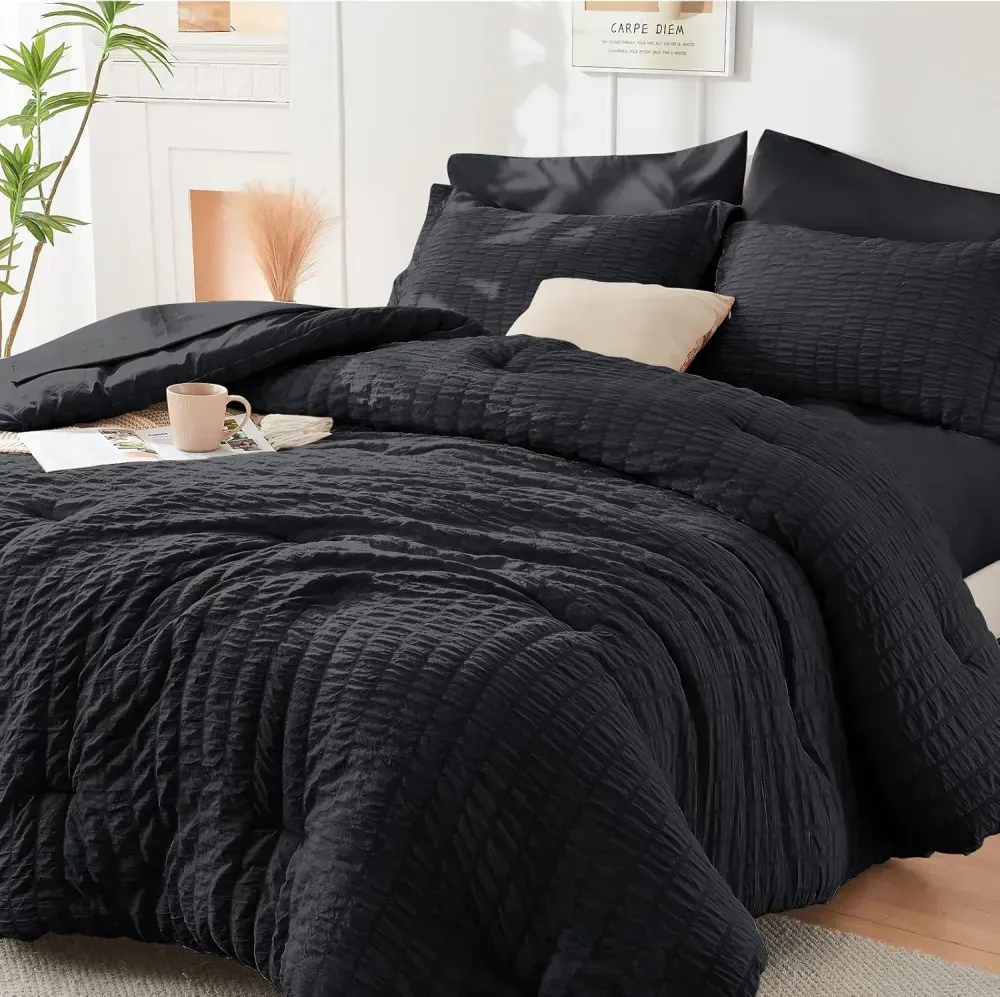 Queen Comforter Set Seersucker 7 Pieces, All Season Luxury Bed in a Bag for Bedroom, Bedding Set with Comforters, Sheets, Pillowcases & Shams, Dark Grey