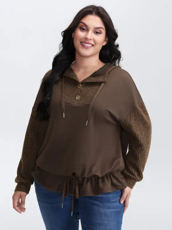 Drawstring Mixed Material Button Hoodie