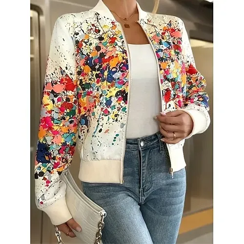 Women's Casual Jacket Comfortable Zipper Fashion Daily Modern Floral School Outdoor Vacation Home Regular Baseball Collar Regular Fit Long Sleeve Outerwear White Spring Fall