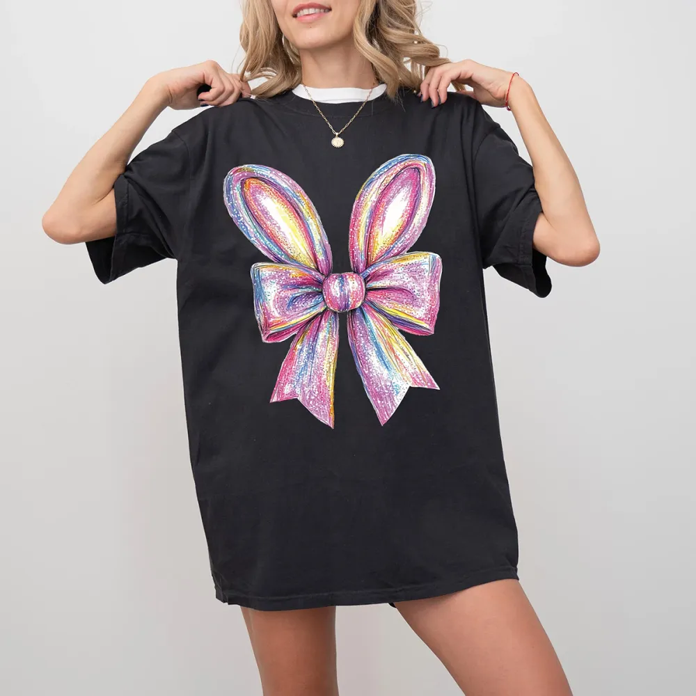 Easter Shiny Bunny Ear Bow Printed Round Neck Short Sleeve T-Shirt