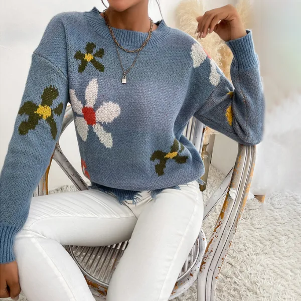 Crew Neck Knit Pullover Shabby Vintage Jacquard Sweater