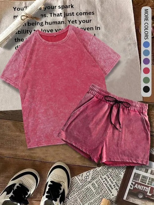 Women's Solid Tee & Denim-Print Shorts – Casual Summer Outfit for Daily Wear