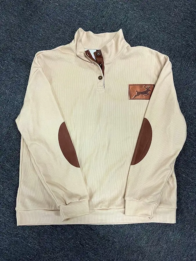 Corduroy Western Style Elk Print Stand Collar Button Down Men's Sweatshirt