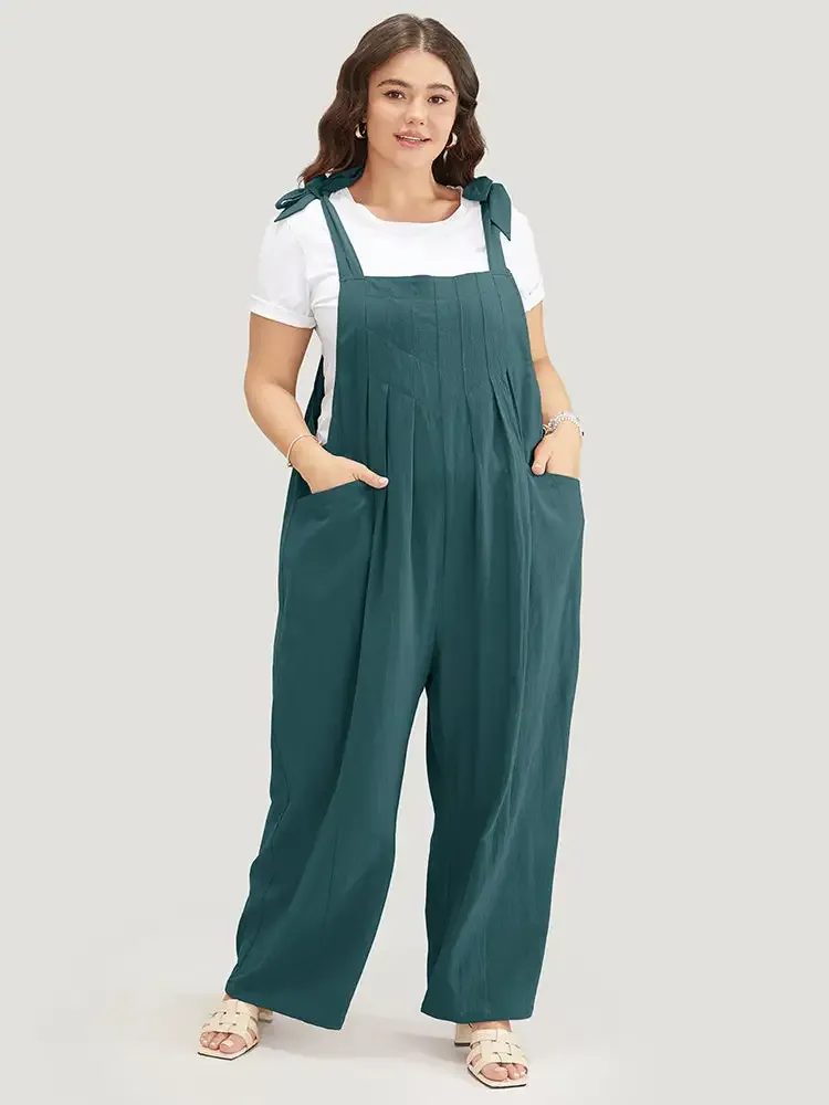 Solid Pleated Detail Pocket Knotted Shoulder Overall Jumpsuit