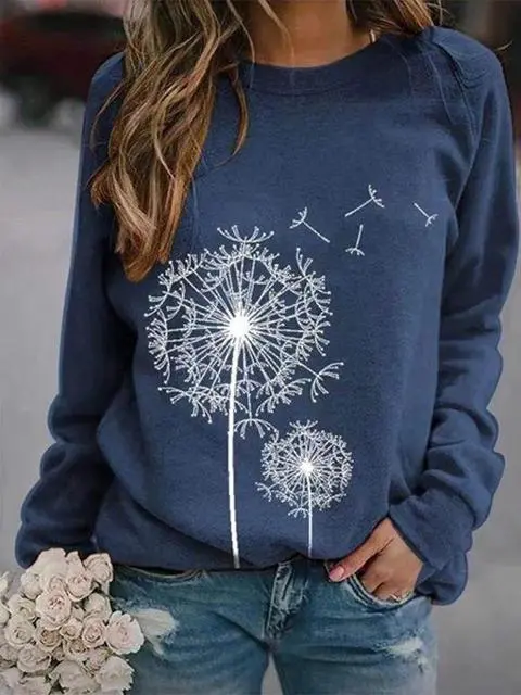 Dandelion Print Long Sleeve Tops