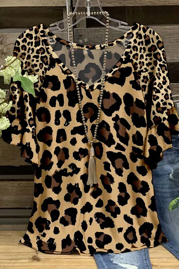 Leopard Print Ruffled Sleeve V-Neck T-Shirt