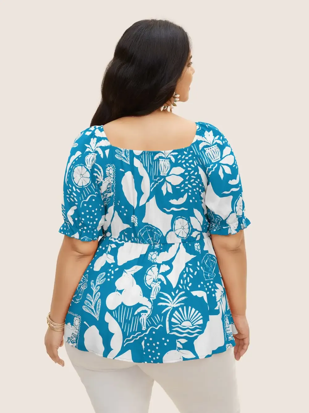 Tropical Print Bowknot Shirred Lantern Sleeve Blouse