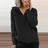 Women's Cardigan Fashion Solid Color Ribbed Shirt Collar Zipper Knitted Long Sleeve Regular Tops Knit Outdoor Daily Holiday Black Green Fall