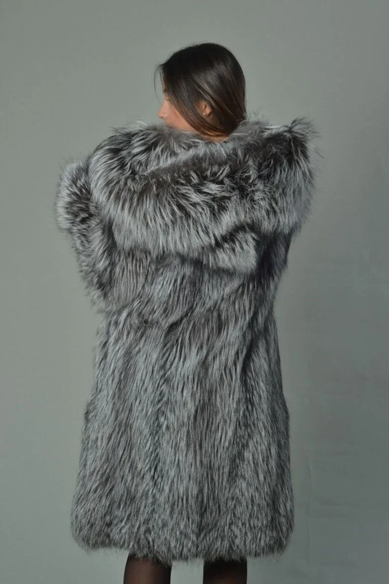 Silver Fox Fur Knee Length Jacket