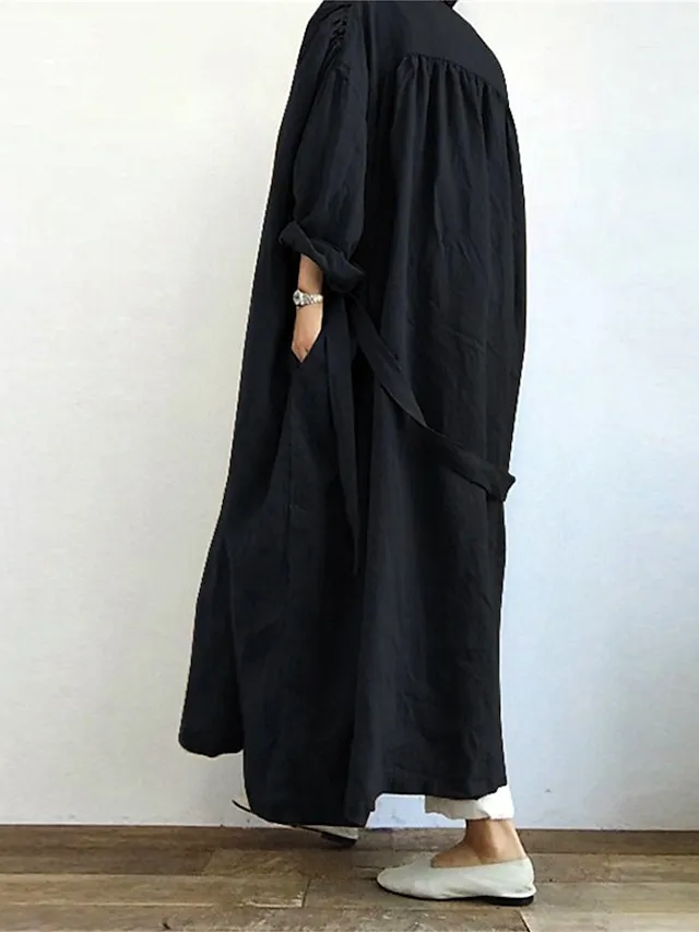 Women's Trench Coat Outdoor Pocket Plain Comfortable Fashion Regular Fit Outerwear Long Sleeve Summer Black S