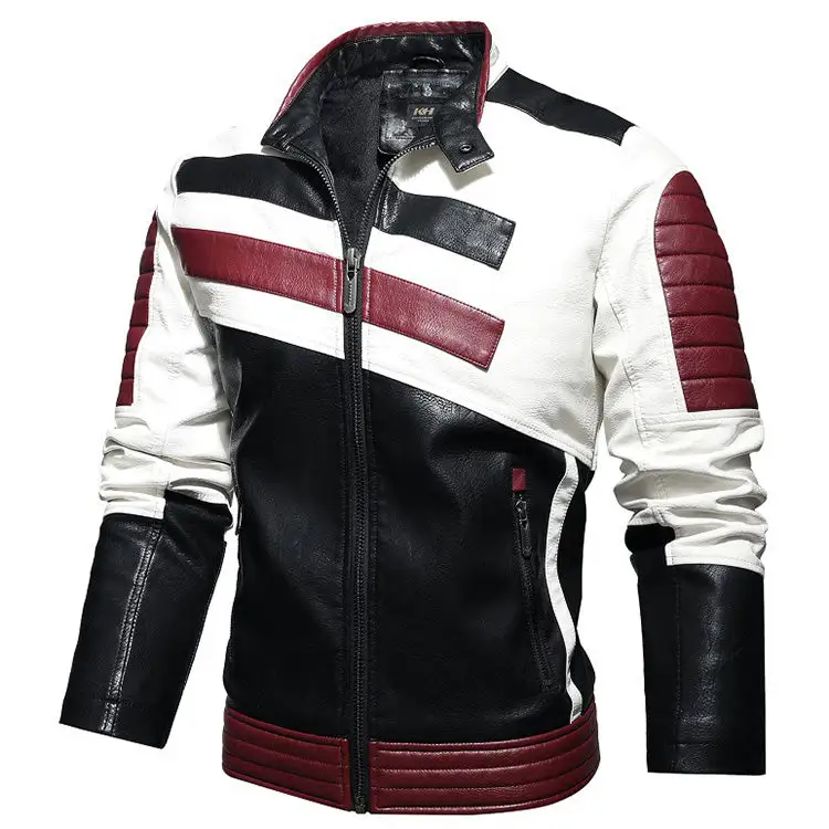 Casual Stand Collar Stitching Men's Leather Jacket