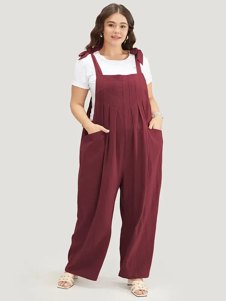 Solid Pleated Detail Pocket Knotted Shoulder Overall Jumpsuit