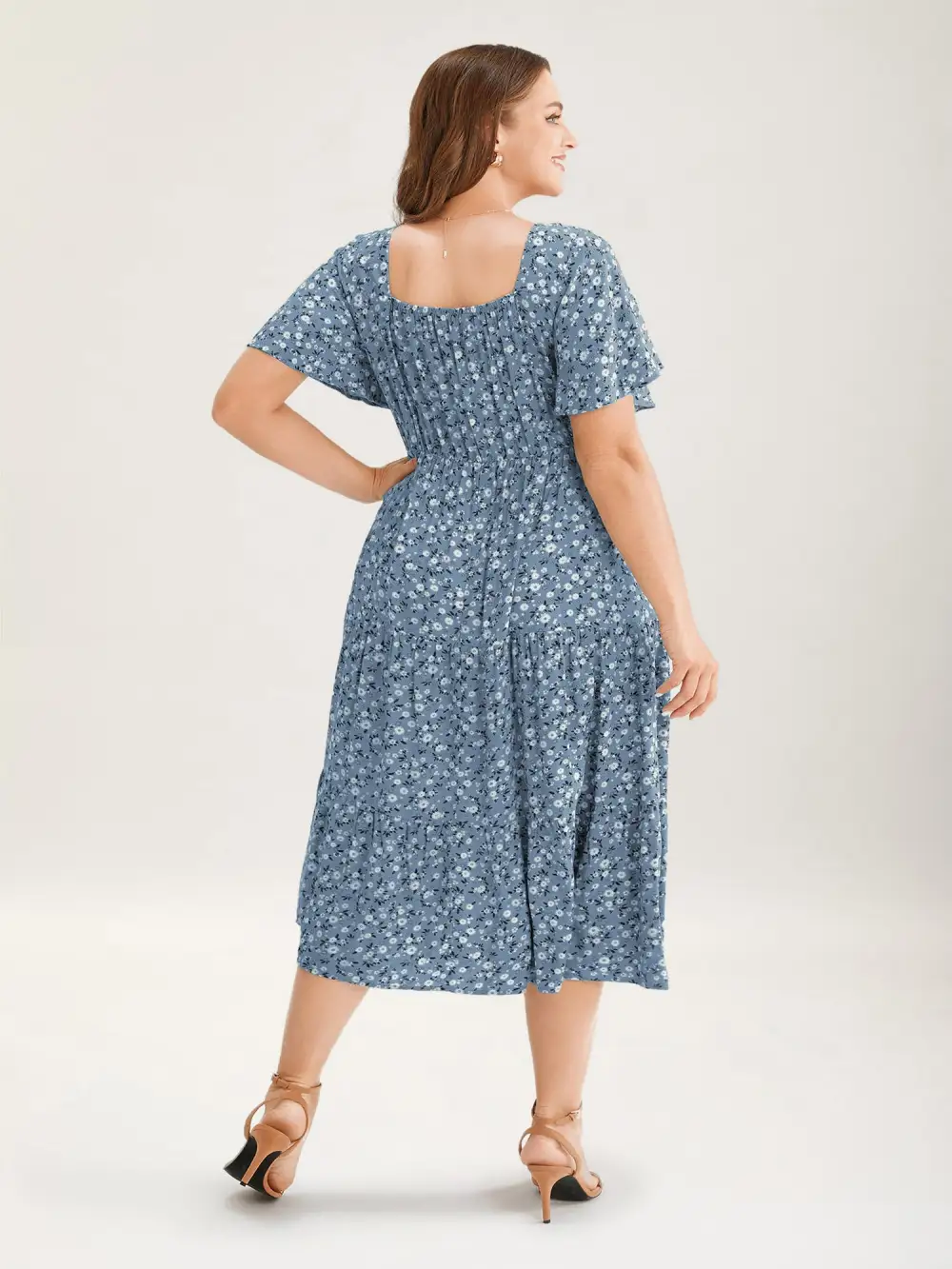 Ditsy Floral Sweetheart Drawstring Pocket Tiered Dress