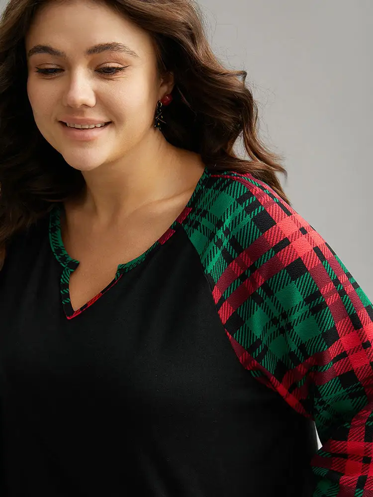 Plaid Contrast Notched Raglan Sleeve T-shirt