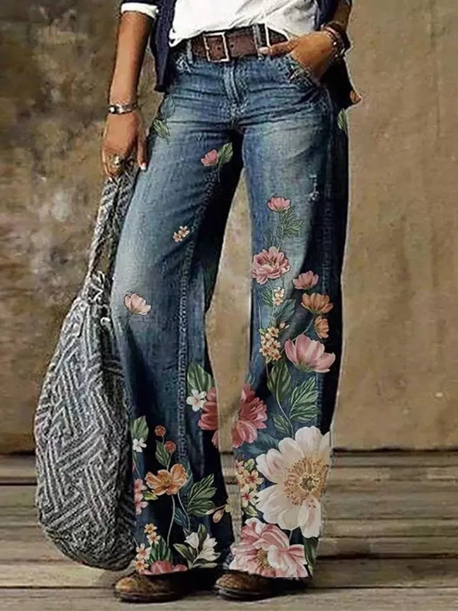 Denim Print Loose Retro Pants