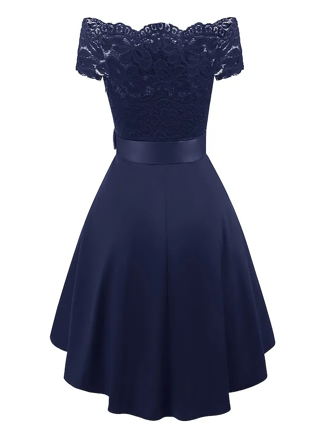 Women's Black Dress Party Dress Lace Dress Knee Length Dress White Pink Wine Short Sleeve Pure Color Lace Summer Spring Fall Off Shoulder Elegant Party Wedding Guest Birthday 2022 S M L XL XXL