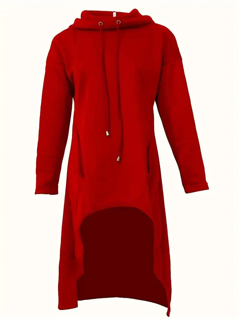 Solid Color Hig-low Hoodie, Casual Long Sleeve Drawstring Hoodie Sweatshirt,