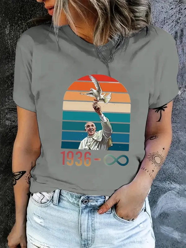 Women's 1936-2025 Print Short Sleeve Round Neck Cotton T-Shirt