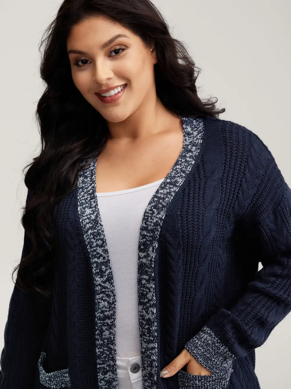 Mixed-Yarn Color Contrast Pockets Knit Cardigan