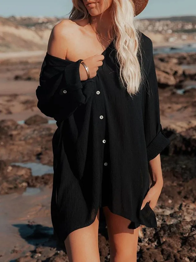 Vacation Plain Stand Collar Coverup