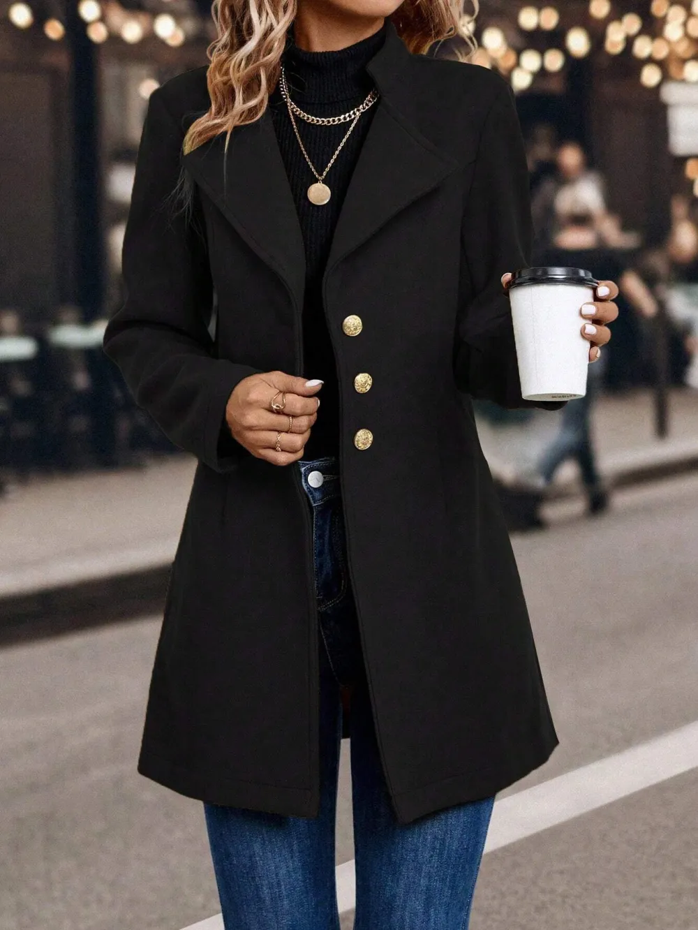 Lapel Button-up Woolen Coat For Women