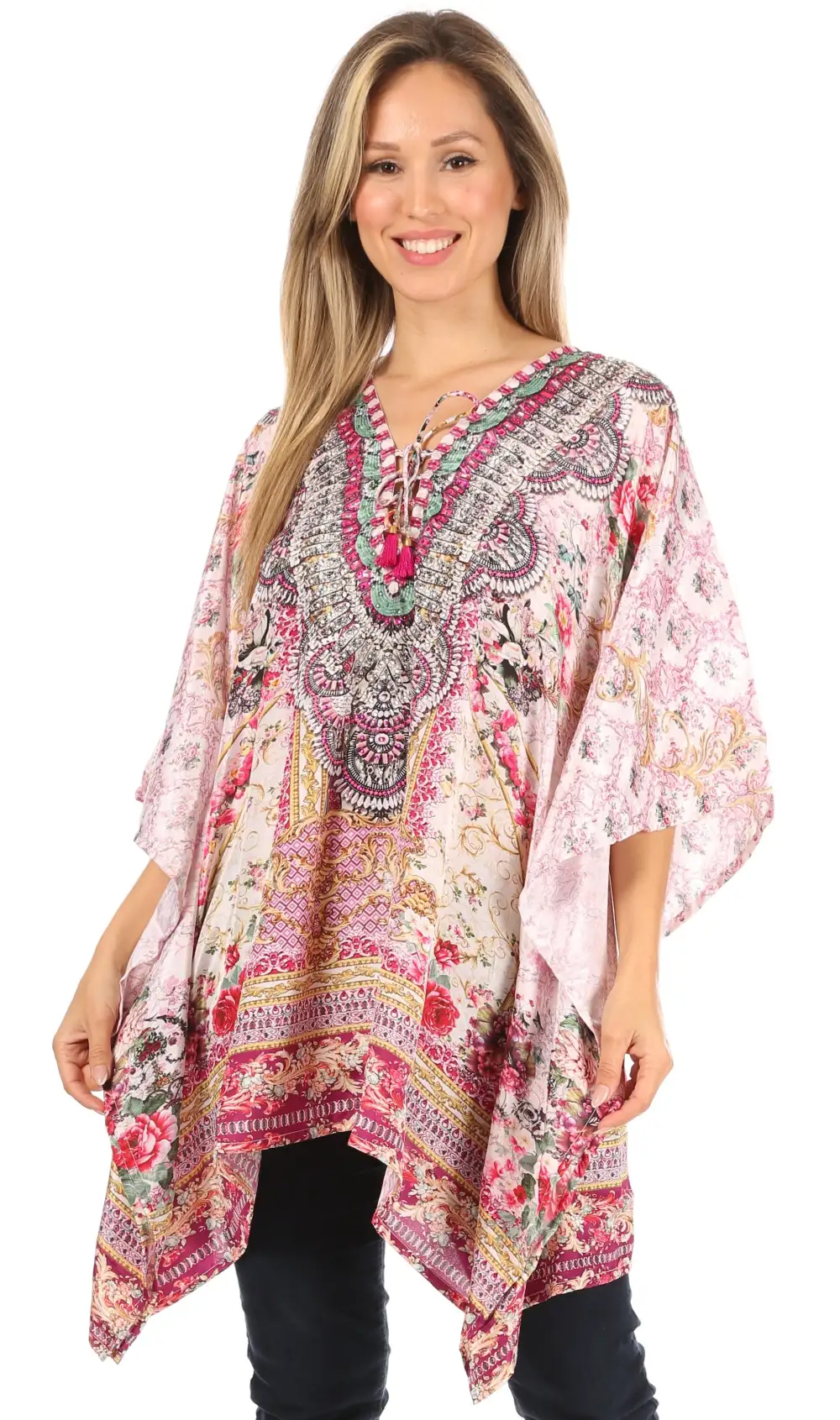 Women's Caftan Poncho Cover up V neck Top Lace up With Rhinestone