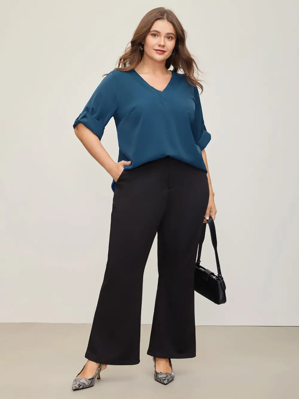 V Neck Plain Pleated Tab Sleeve Blouse