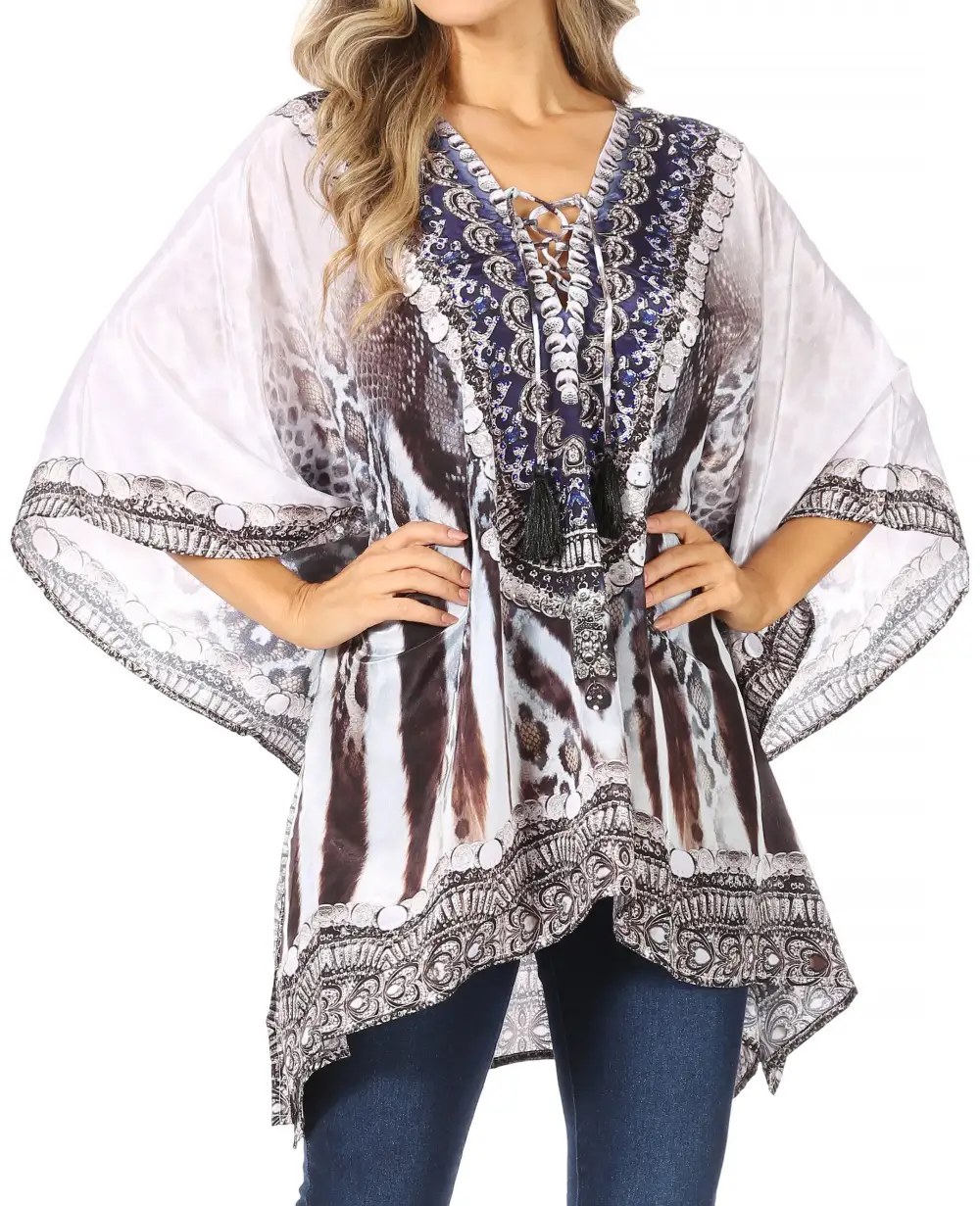 Women's Caftan Poncho Cover up V neck Top Lace up With Rhinestone
