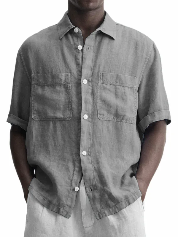 Men's Cotton And Linen Double Pocket Classic Casual Versatile Short-sleeved Shirt