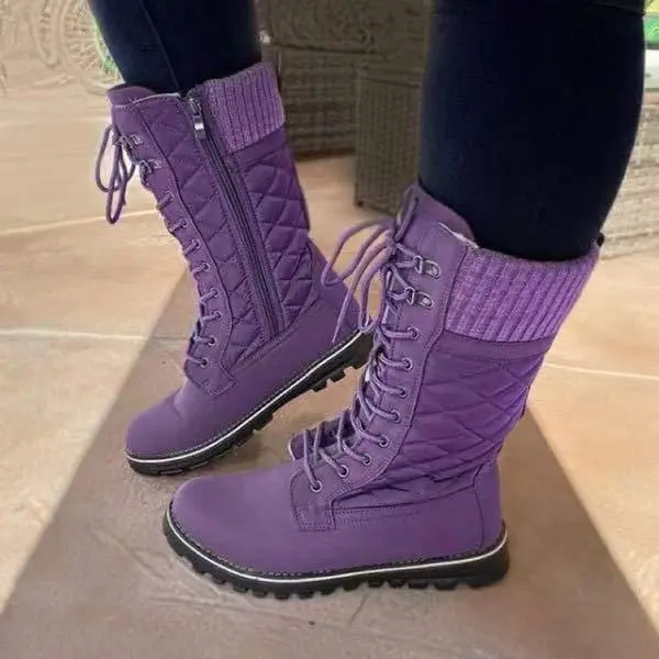 Women's Mid-Calf Flat Heel Front Lace Round Toe Snow Boots 50045498C