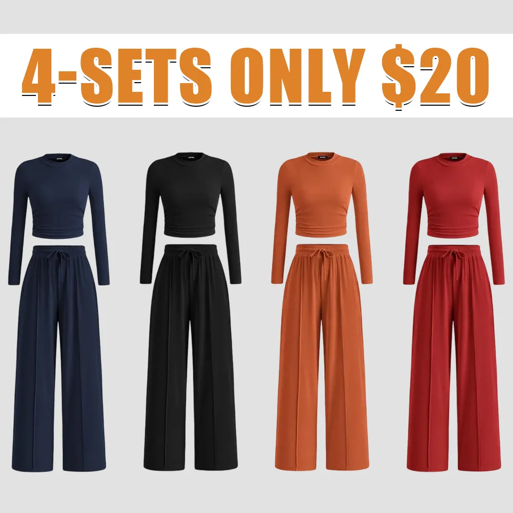 2-Piece Ribbed Knit Long Sleeve Crop Top Wide Leg Pants Matching Lounge Set Loungewear