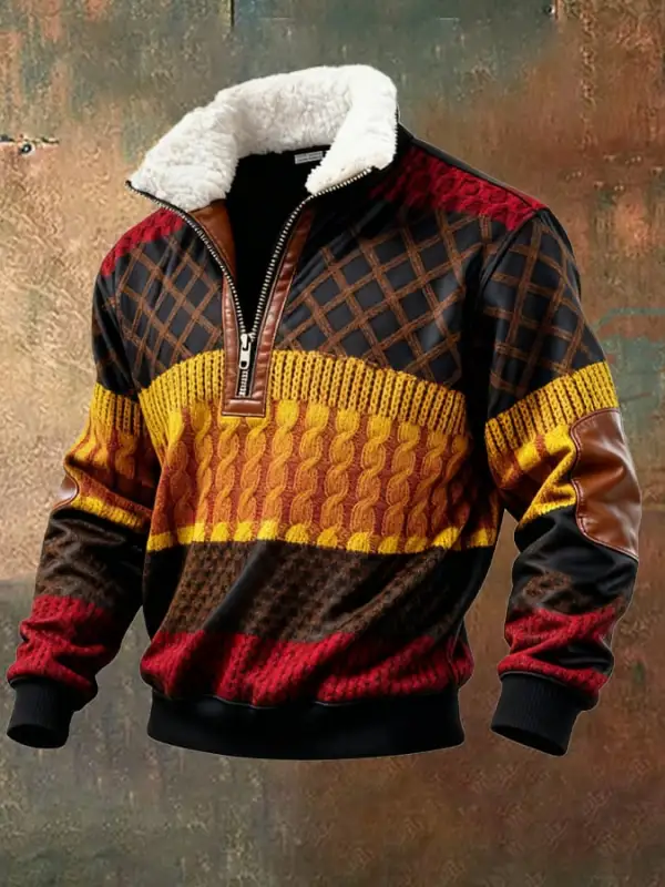 Men's Retro Color Block Print Casual Fur Collar Sweatshirt