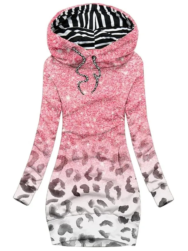 Women's Sweatshirt Pullover Sports Basic Drawstring Front Pocket White Pink Blue Leopard Floral Street Casual Hoodie Long Sleeve Top Micro-elastic Fall & Winter