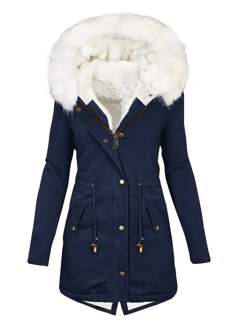 Faux Fur Hood Drawstring Parka Coat, Zip Up Button Front Pocket Thermal Overcoat